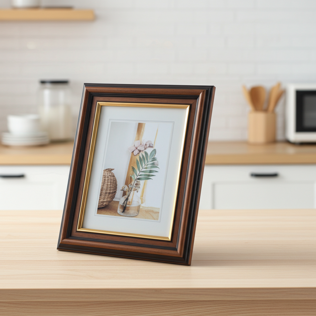 Dunkelbrauner Holz-Bilderrahmen mit goldener Zierleiste auf hellem Küchentisch, mit botanischem Motiv im Passepartout