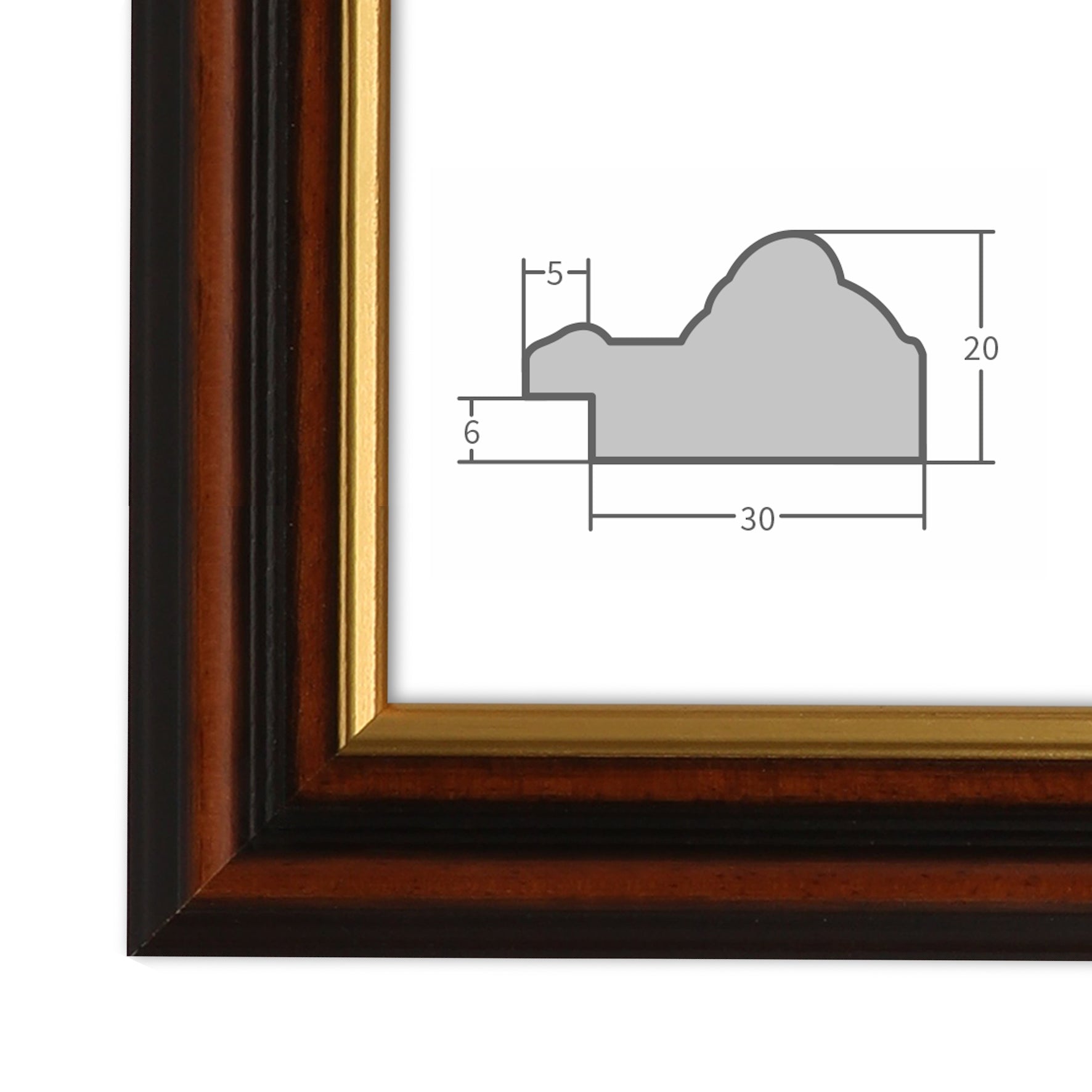Dekorativer Bilderrahmen in Schwarz und Kirschbaumoptik mit detaillierter Profil- und Maßzeichnung