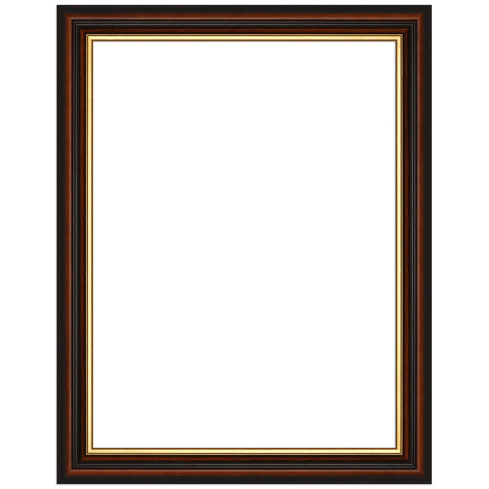 Dunkelbrauner Holz-Bilderrahmen mit schwarzer Zierkante und goldener Innenleiste, frontal freigestellt vor weißem Hintergrund