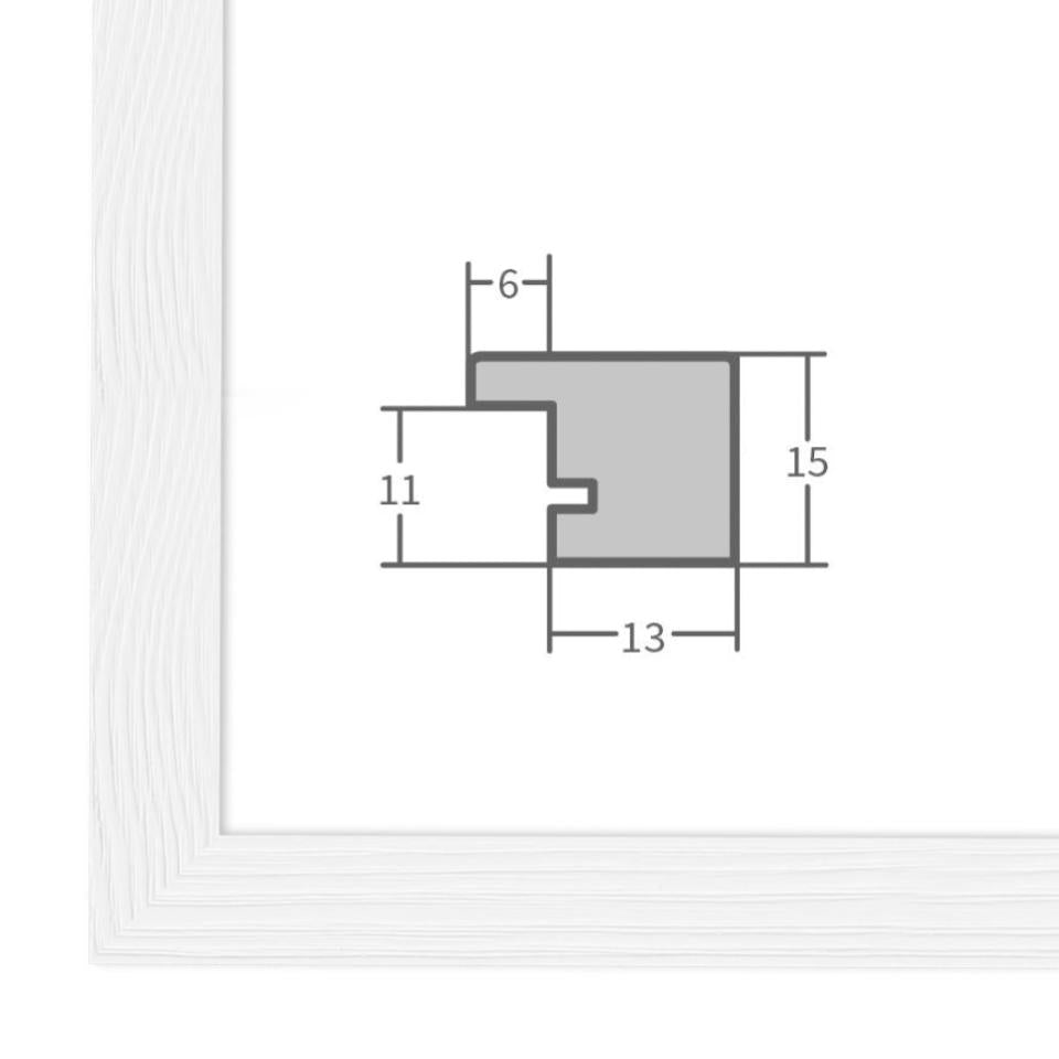 Holz Bilderrahmen Weiß mit Profilansicht und technischen Maßangaben – hochwertiger Rahmen für Poster, Fotos und Kunstdrucke.