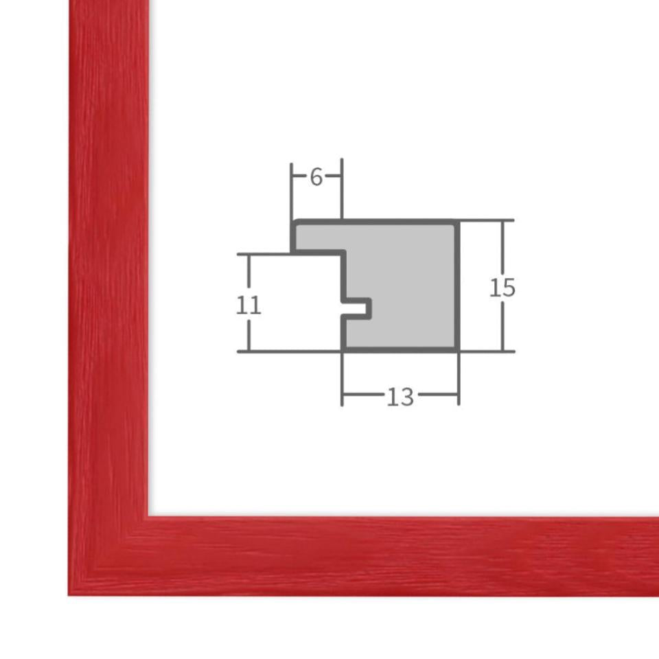Holz Bilderrahmen Rot mit Profilansicht und technischen Maßangaben – hochwertiger Rahmen für Poster, Fotos und Kunstdrucke.