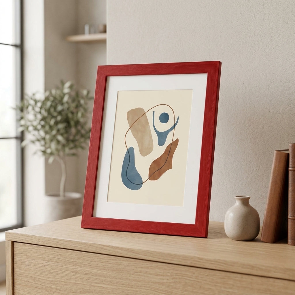 Moderner Bilderrahmen aus Holz mit Maserung auf einer hellen Kommode stehend, mit weißem Passepartout und abstraktem Kunstprint in minimalistischem Interieur.