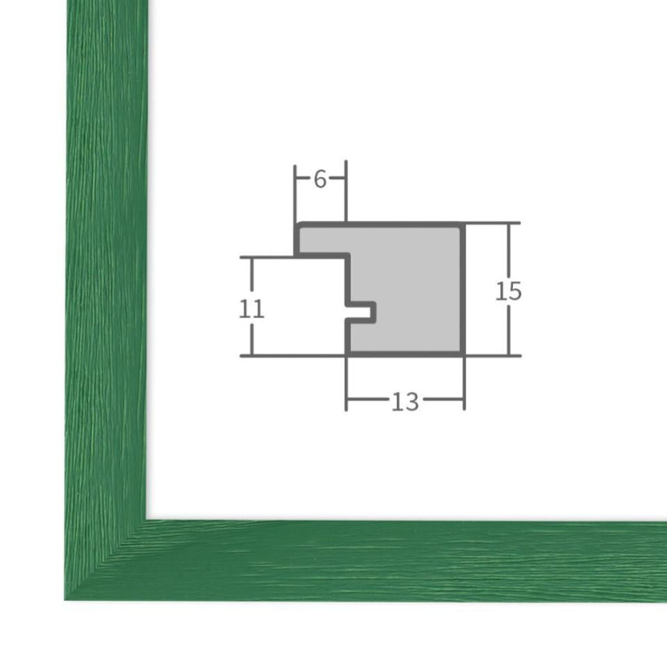 Holz Bilderrahmen Grün mit Profilansicht und technischen Maßangaben – hochwertiger Rahmen für Poster, Fotos und Kunstdrucke.