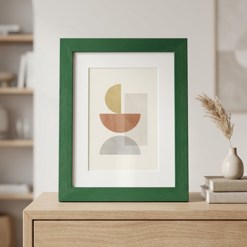 Moderner Bilderrahmen aus Holz mit Maserung auf einer hellen Kommode stehend, mit weißem Passepartout und abstraktem Kunstprint in minimalistischem Interieur.