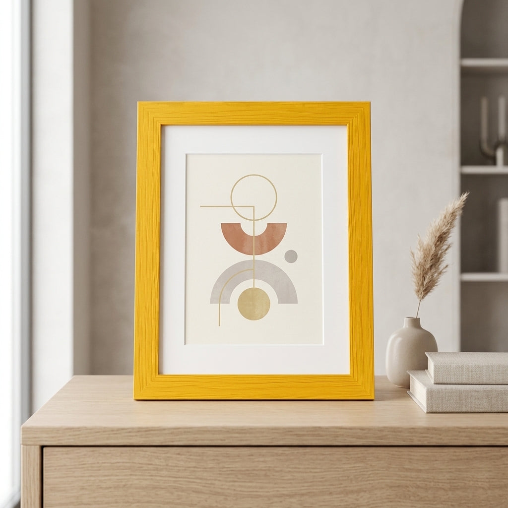 Moderner Bilderrahmen aus Holz mit Maserung auf einer hellen Kommode stehend, mit weißem Passepartout und abstraktem Kunstprint in minimalistischem Interieur.
