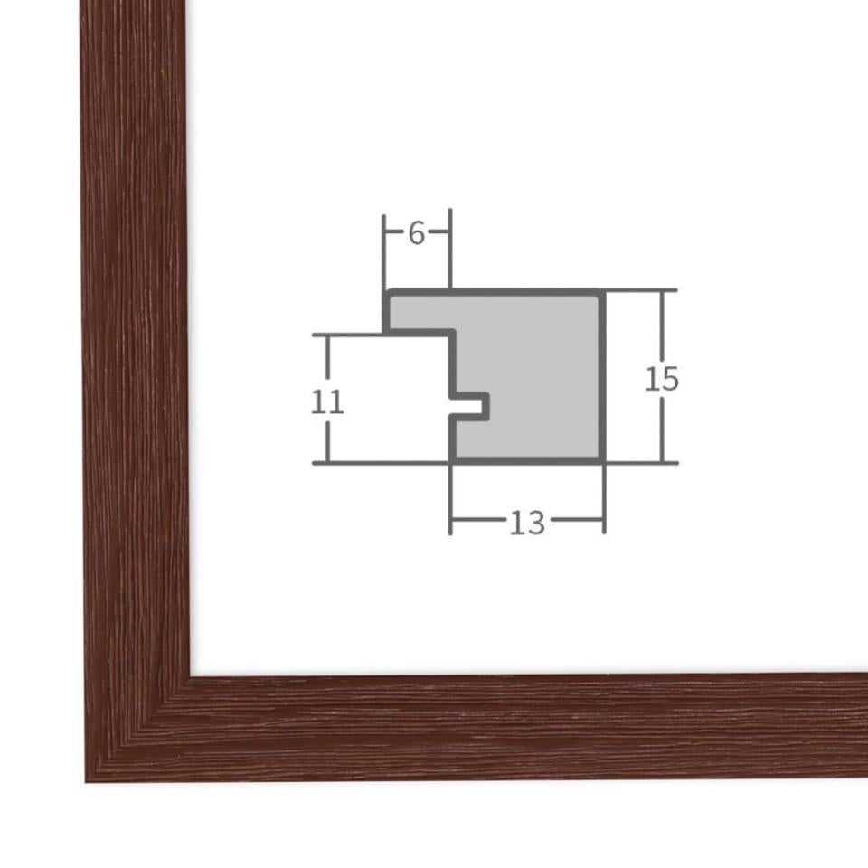 Holz Bilderrahmen Braun mit Profilansicht und technischen Maßangaben – hochwertiger Rahmen für Poster, Fotos und Kunstdrucke.