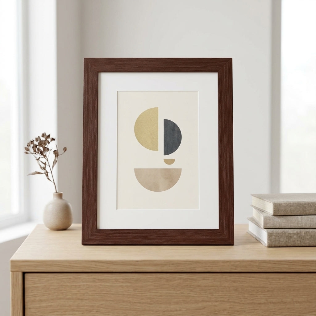 Moderner Bilderrahmen aus Holz mit Maserung auf einer hellen Kommode stehend, mit weißem Passepartout und abstraktem Kunstprint in minimalistischem Interieur.