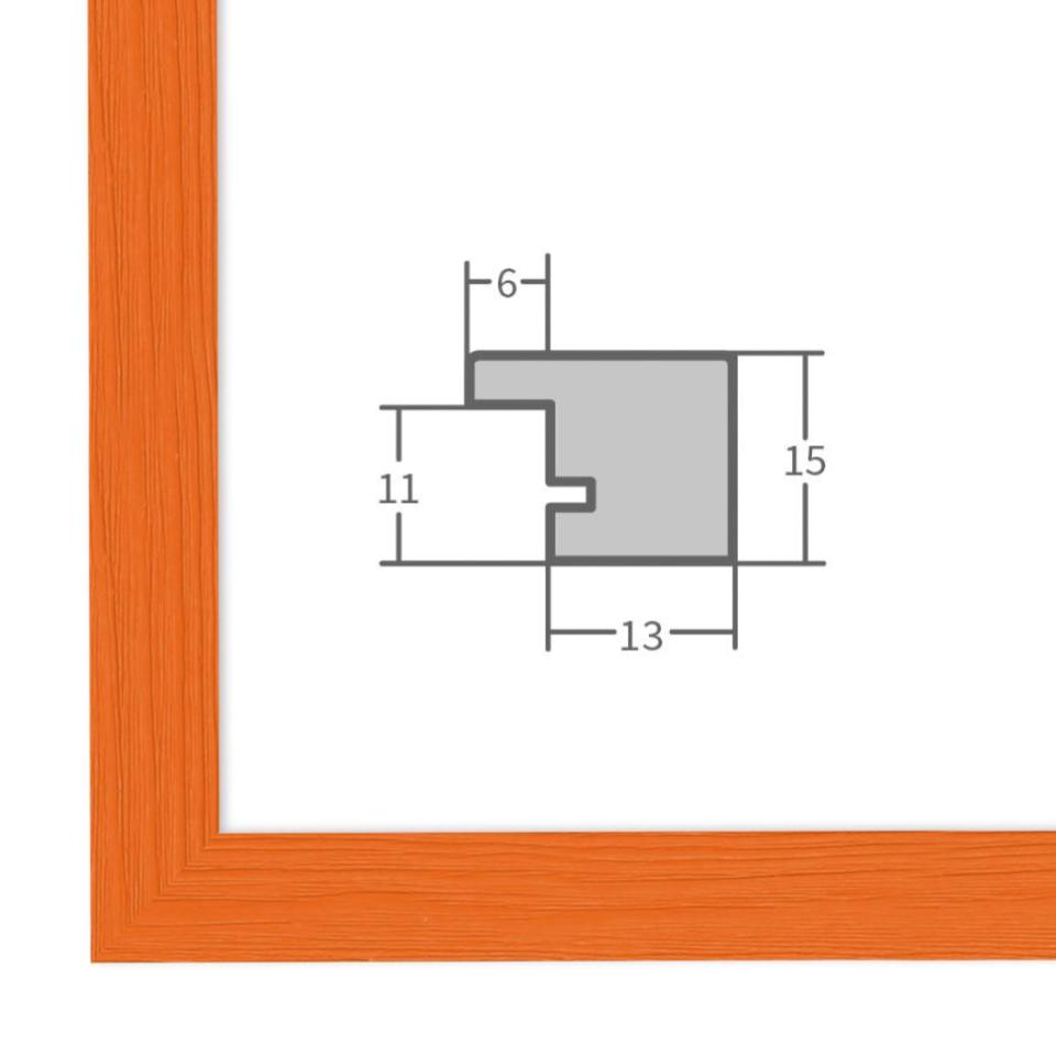 Holz Bilderrahmen Orange mit Profilansicht und technischen Maßangaben – hochwertiger Rahmen für Poster, Fotos und Kunstdrucke.
