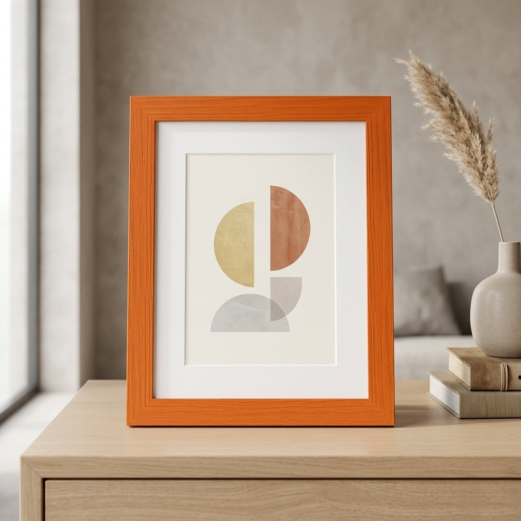 Moderner Bilderrahmen aus Holz mit Maserung auf einer hellen Kommode stehend, mit weißem Passepartout und abstraktem Kunstprint in minimalistischem Interieur.