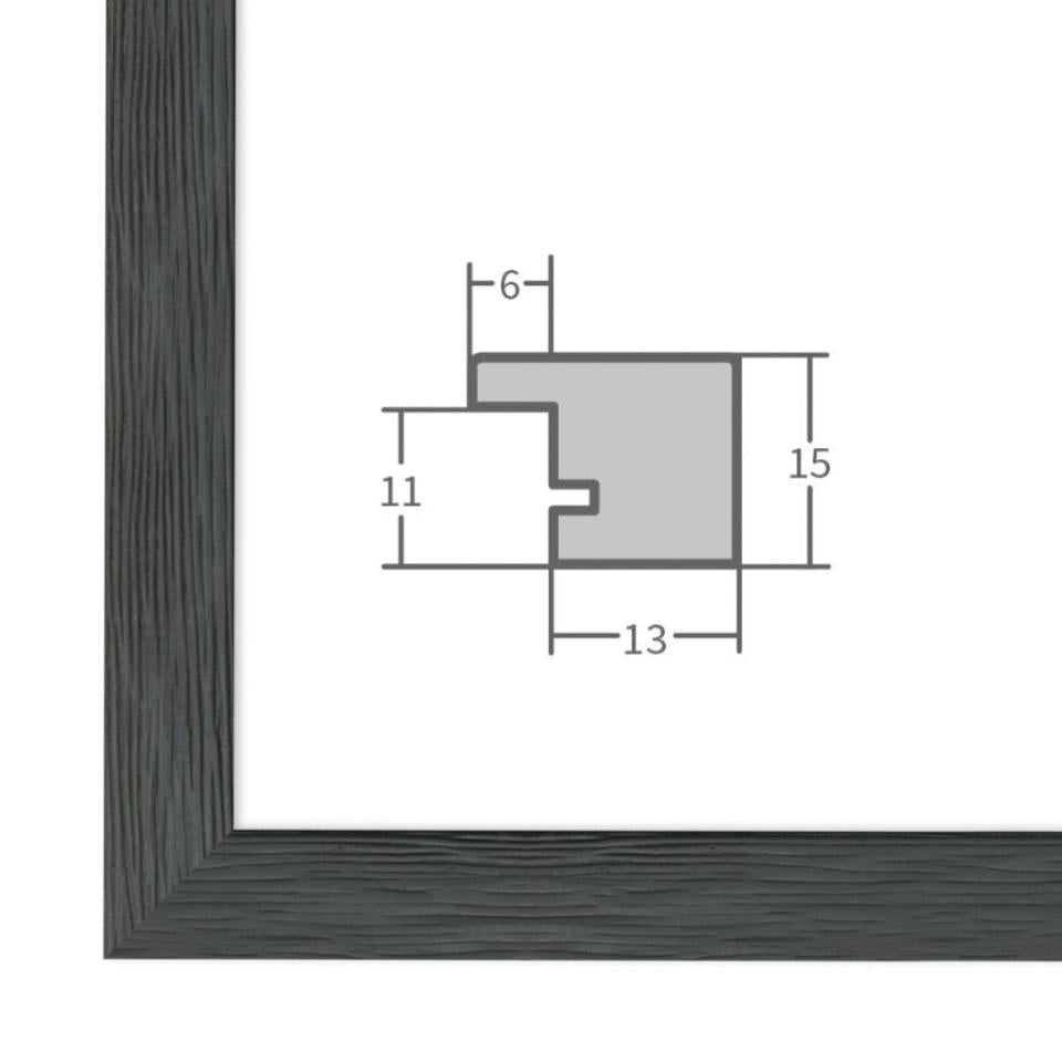Holz Bilderrahmen Grau mit Profilansicht und technischen Maßangaben – hochwertiger Rahmen für Poster, Fotos und Kunstdrucke.