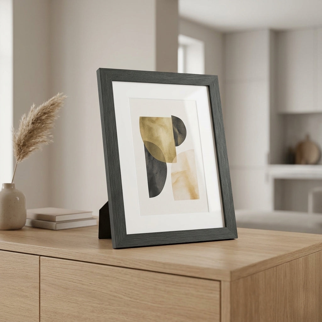 Moderner Bilderrahmen aus Holz mit Maserung auf einer hellen Kommode stehend, mit weißem Passepartout und abstraktem Kunstprint in minimalistischem Interieur.