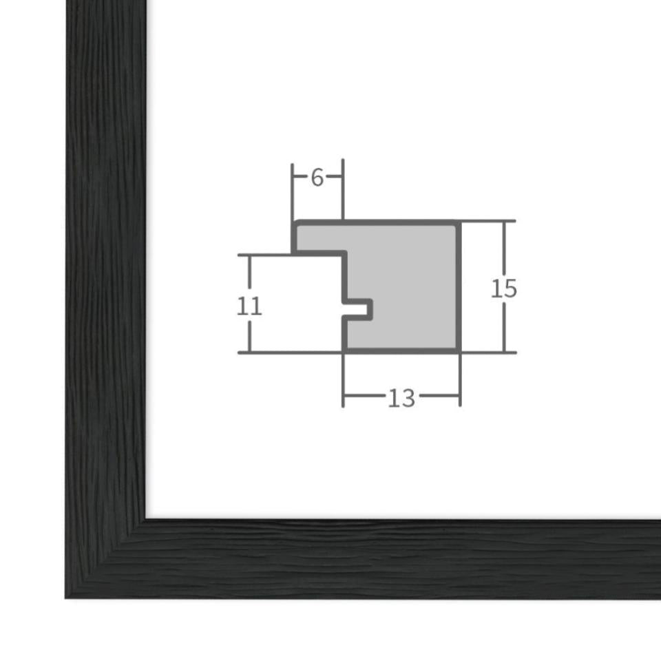 Holz Bilderrahmen Schwarz mit Profilansicht und technischen Maßangaben – hochwertiger Rahmen für Poster, Fotos und Kunstdrucke.