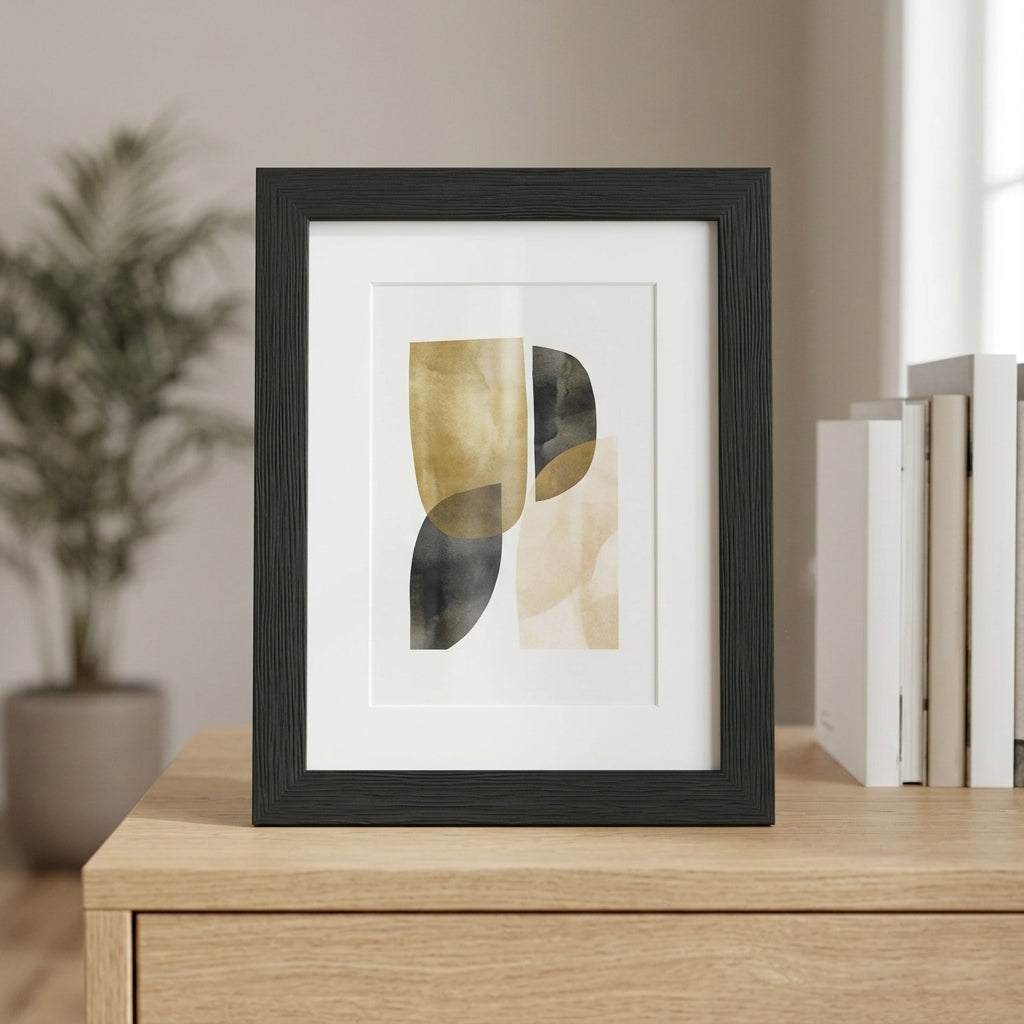 Moderner Bilderrahmen aus Holz mit Maserung auf einer hellen Kommode stehend, mit weißem Passepartout und abstraktem Kunstprint in minimalistischem Interieur.