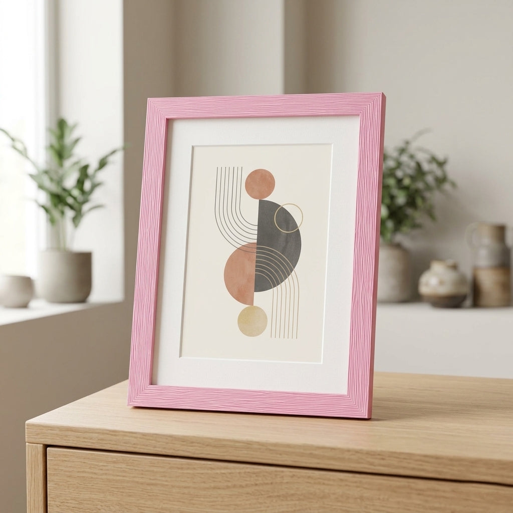 Moderner Bilderrahmen aus Holz mit Maserung auf einer hellen Kommode stehend, mit weißem Passepartout und abstraktem Kunstprint in minimalistischem Interieur.