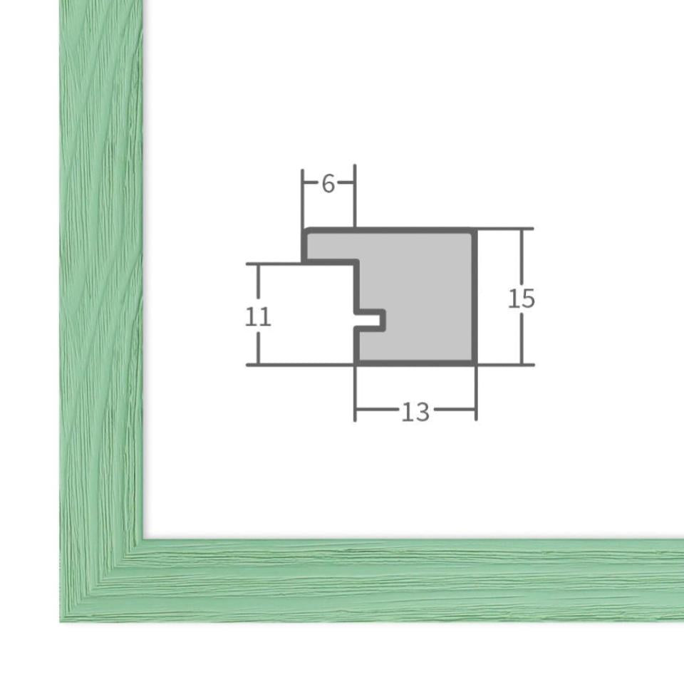 Holz Bilderrahmen Hellgrün mit Profilansicht und technischen Maßangaben – hochwertiger Rahmen für Poster, Fotos und Kunstdrucke.