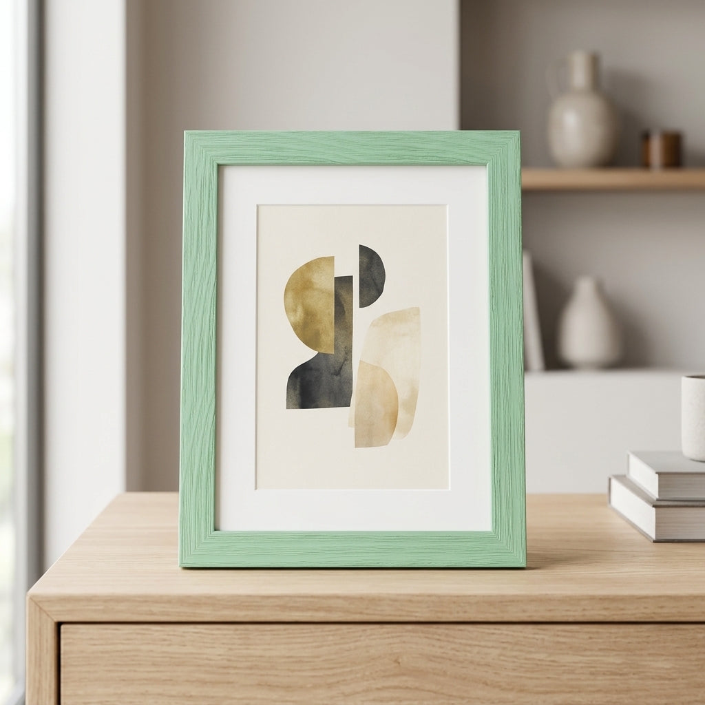 Moderner Bilderrahmen aus Holz mit Maserung auf einer hellen Kommode stehend, mit weißem Passepartout und abstraktem Kunstprint in minimalistischem Interieur.