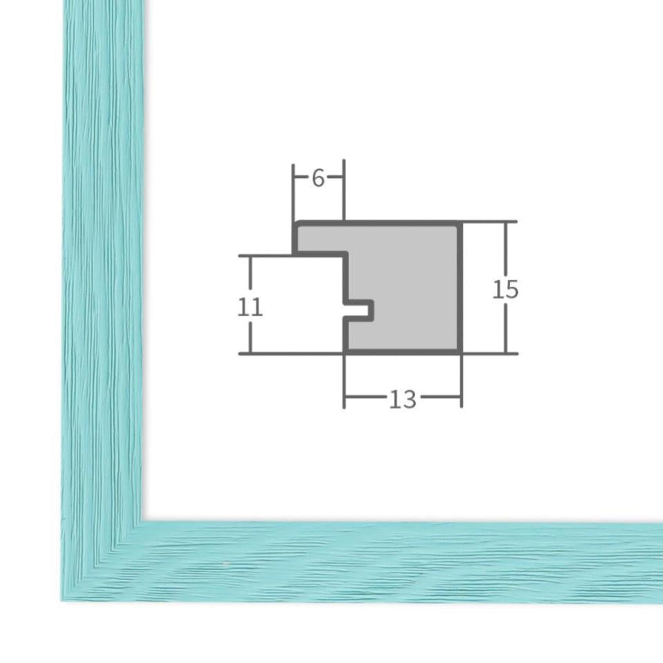 Holz Bilderrahmen Türkis mit Profilansicht und technischen Maßangaben – hochwertiger Rahmen für Poster, Fotos und Kunstdrucke.
