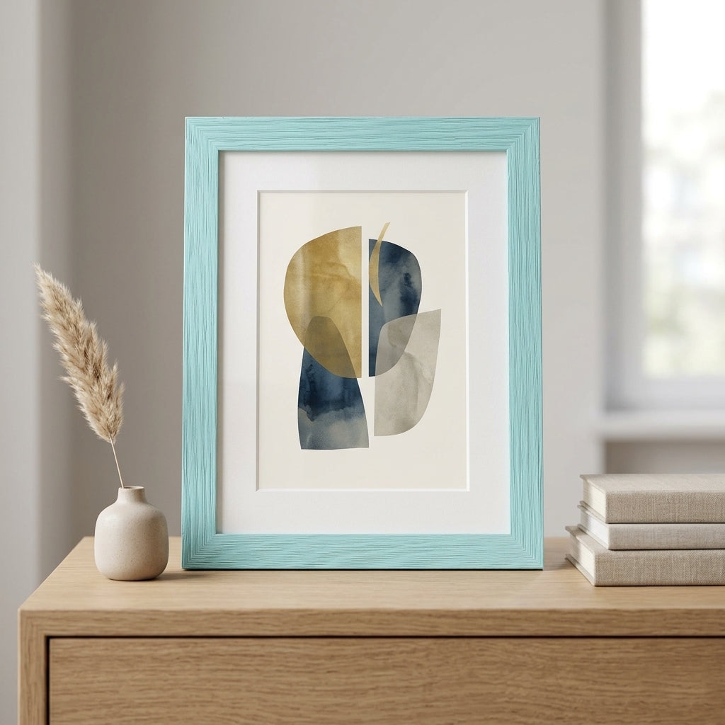 Moderner Bilderrahmen aus Holz mit Maserung auf einer hellen Kommode stehend, mit weißem Passepartout und abstraktem Kunstprint in minimalistischem Interieur.