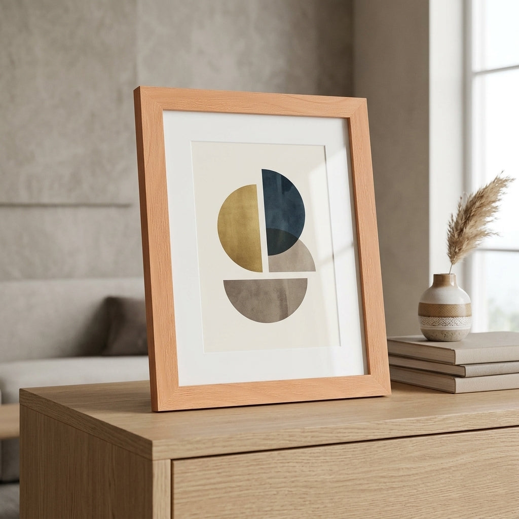 Moderner Bilderrahmen aus Holz mit Maserung auf einer hellen Kommode stehend, mit weißem Passepartout und abstraktem Kunstprint in minimalistischem Interieur.
