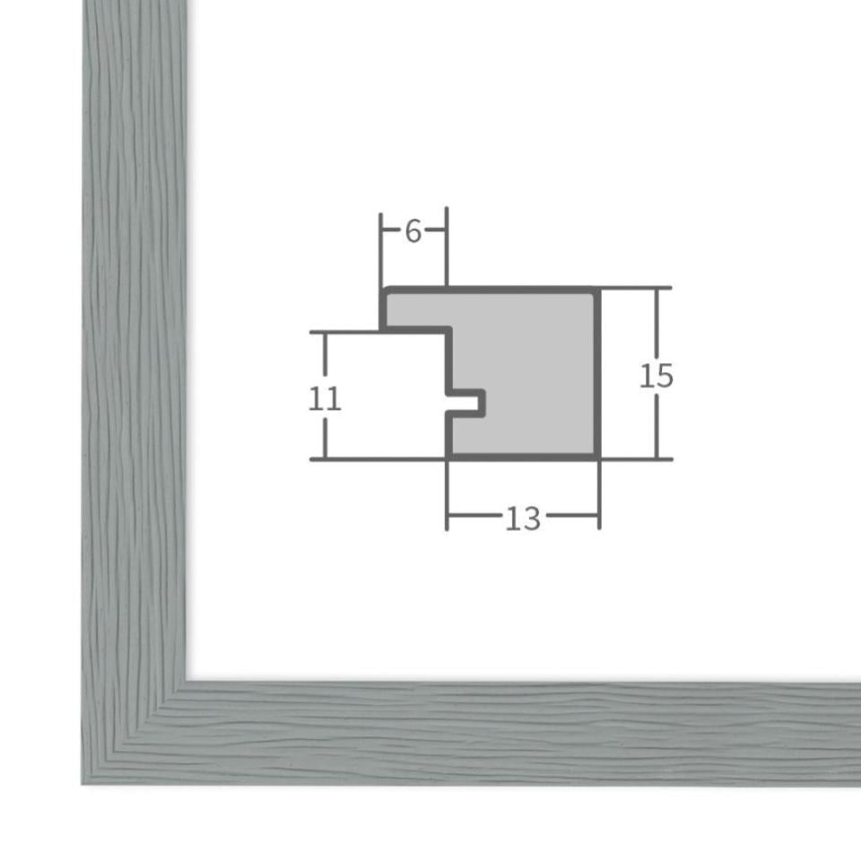Holz Bilderrahmen Hellgrau mit Profilansicht und technischen Maßangaben – hochwertiger Rahmen für Poster, Fotos und Kunstdrucke.