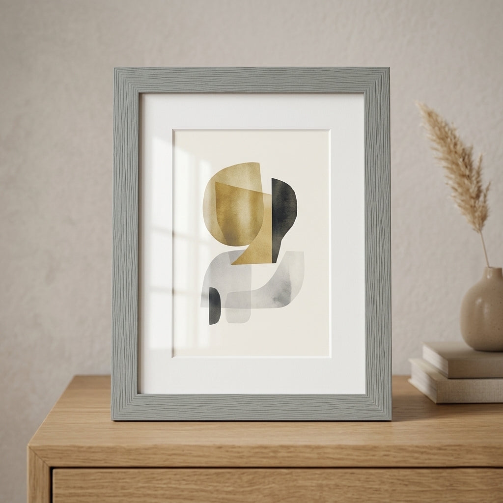 Moderner Bilderrahmen aus Holz mit Maserung auf einer hellen Kommode stehend, mit weißem Passepartout und abstraktem Kunstprint in minimalistischem Interieur.