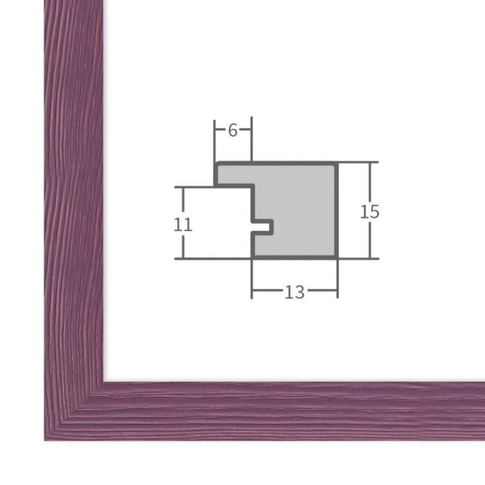 Holz Bilderrahmen Violett mit Profilansicht und technischen Maßangaben – hochwertiger Rahmen für Poster, Fotos und Kunstdrucke.