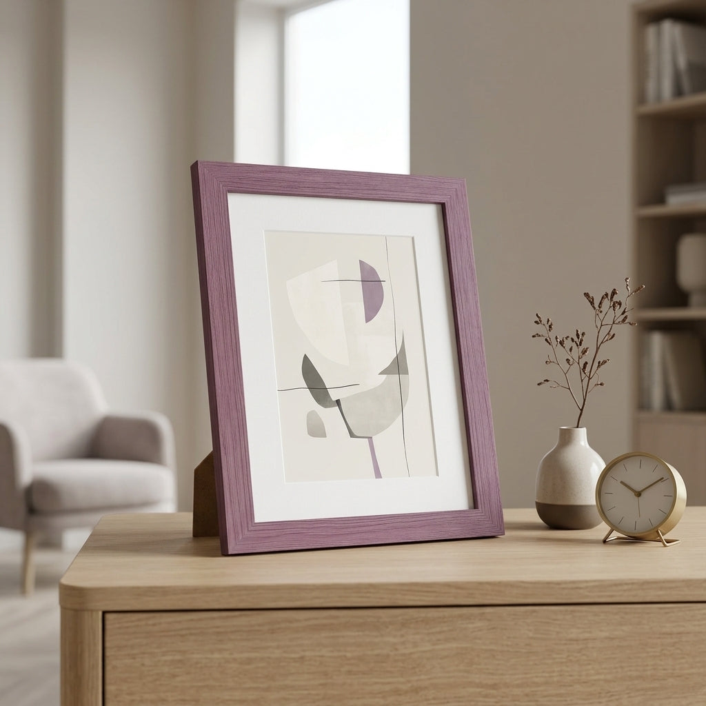 Moderner Bilderrahmen aus Holz mit Maserung auf einer hellen Kommode stehend, mit weißem Passepartout und abstraktem Kunstprint in minimalistischem Interieur.