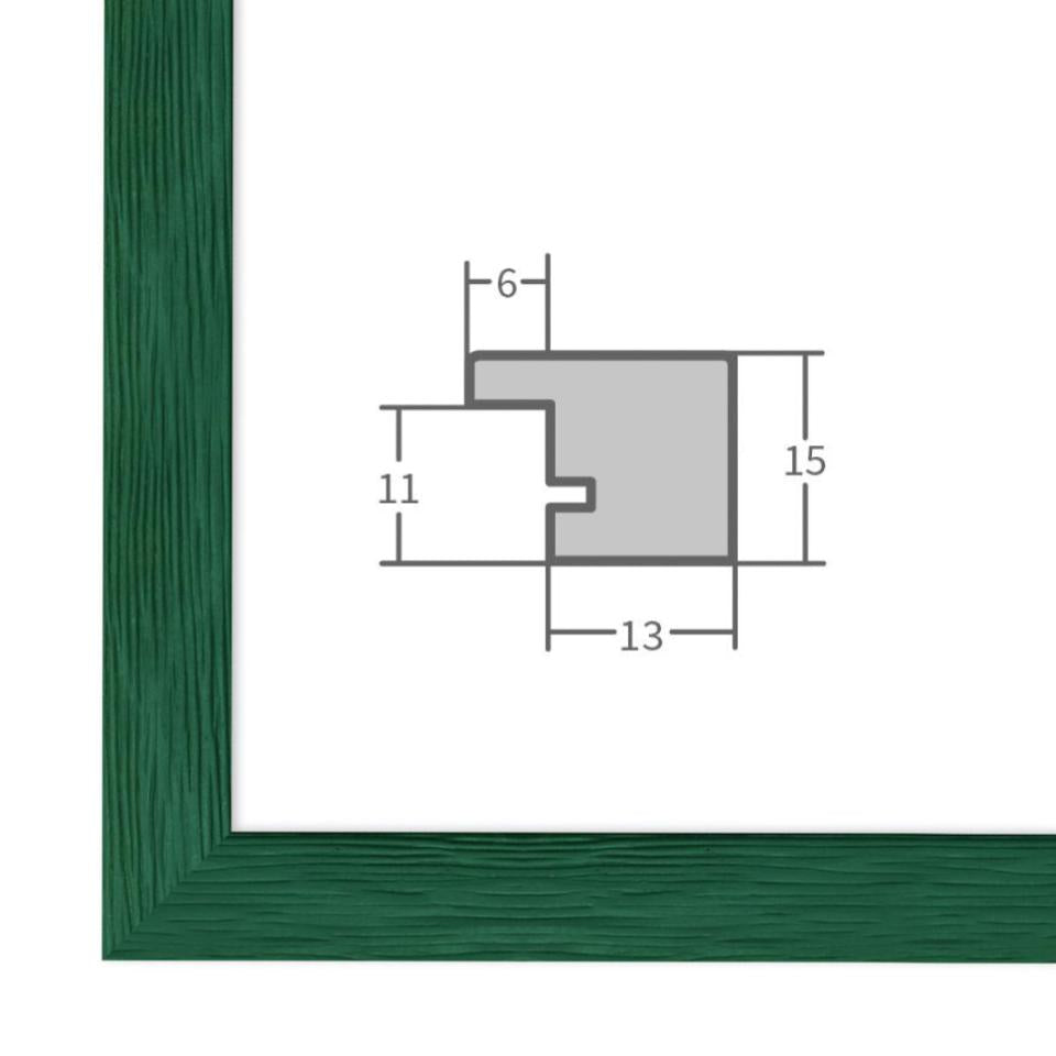 Holz Bilderrahmen Dunkelgrün mit Profilansicht und technischen Maßangaben – hochwertiger Rahmen für Poster, Fotos und Kunstdrucke.