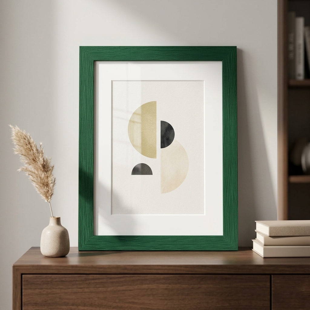 Moderner Bilderrahmen aus Holz mit Maserung auf einer hellen Kommode stehend, mit weißem Passepartout und abstraktem Kunstprint in minimalistischem Interieur.