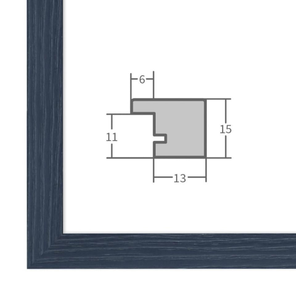 Holz Bilderrahmen Dunkelblau mit Profilansicht und technischen Maßangaben – hochwertiger Rahmen für Poster, Fotos und Kunstdrucke.