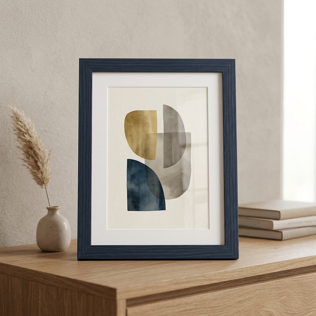 Moderner Bilderrahmen aus Holz mit Maserung auf einer hellen Kommode stehend, mit weißem Passepartout und abstraktem Kunstprint in minimalistischem Interieur.