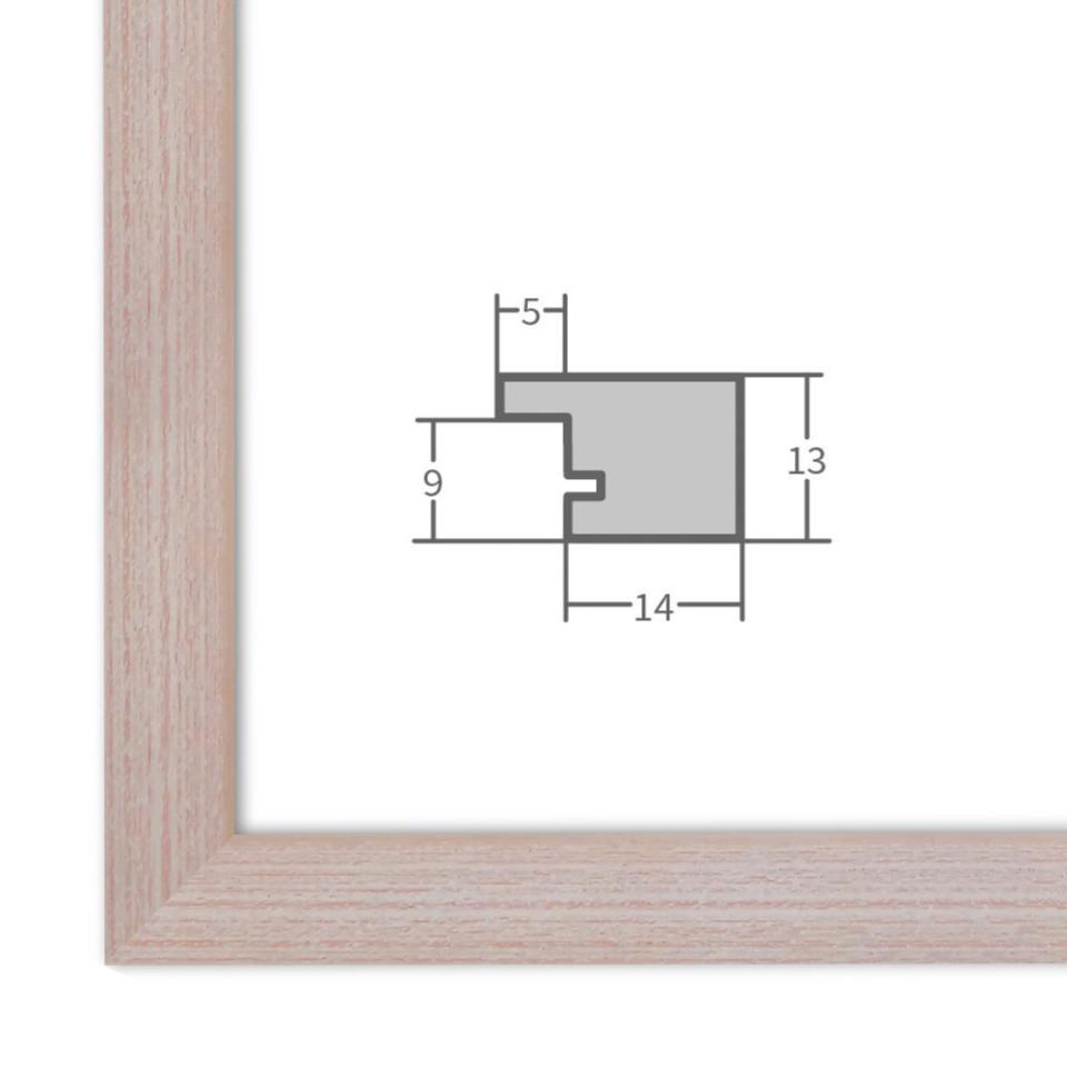 Bilderrahmen in Eiche mit Profilansicht und technischen Maßangaben – hochwertiger Rahmen für Poster, Fotos und Kunstdrucke.