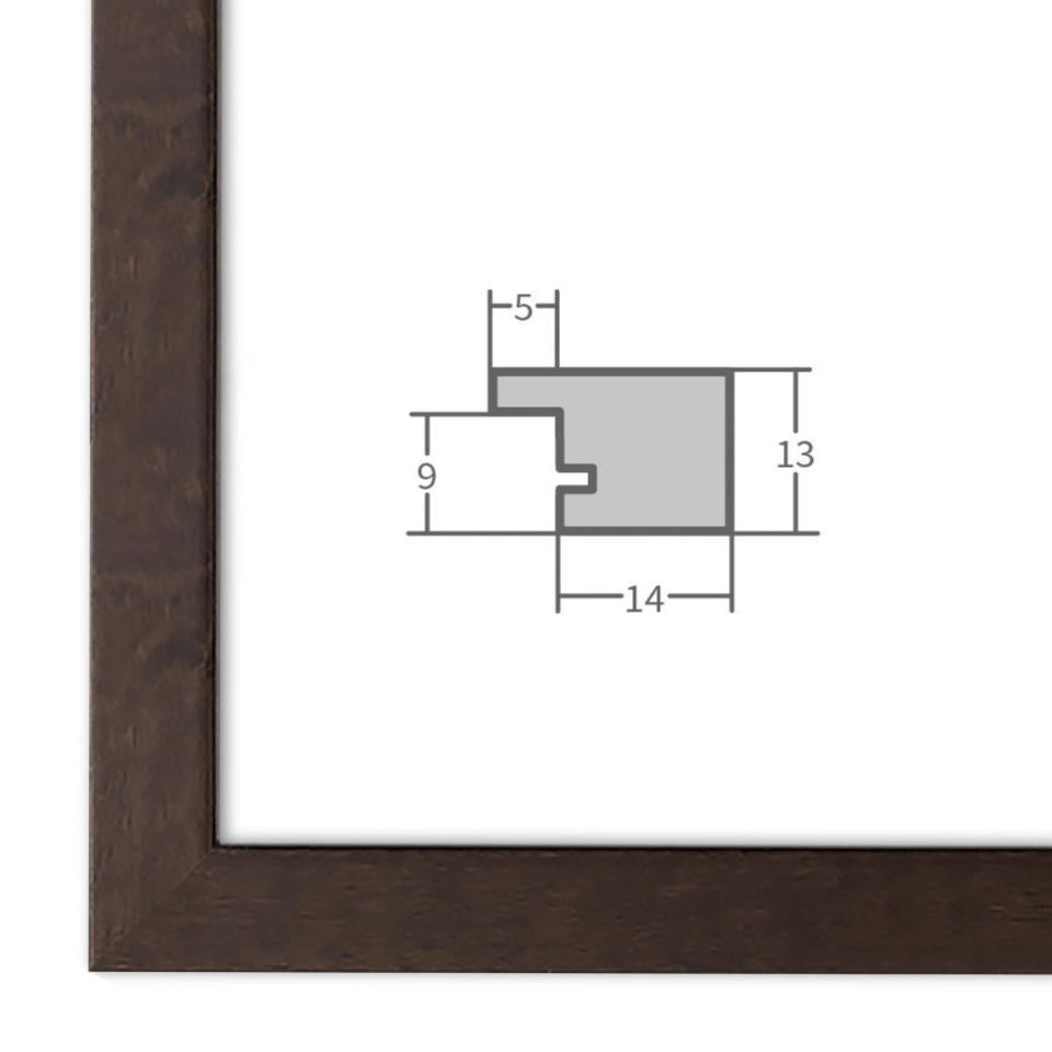 Bilderrahmen in Nussbaum mit Profilansicht und technischen Maßangaben – hochwertiger Rahmen für Poster, Fotos und Kunstdrucke.