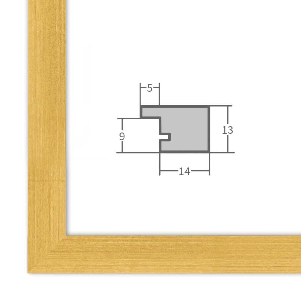 Bilderrahmen in Gold mit Profilansicht und technischen Maßangaben – hochwertiger Rahmen für Poster, Fotos und Kunstdrucke.