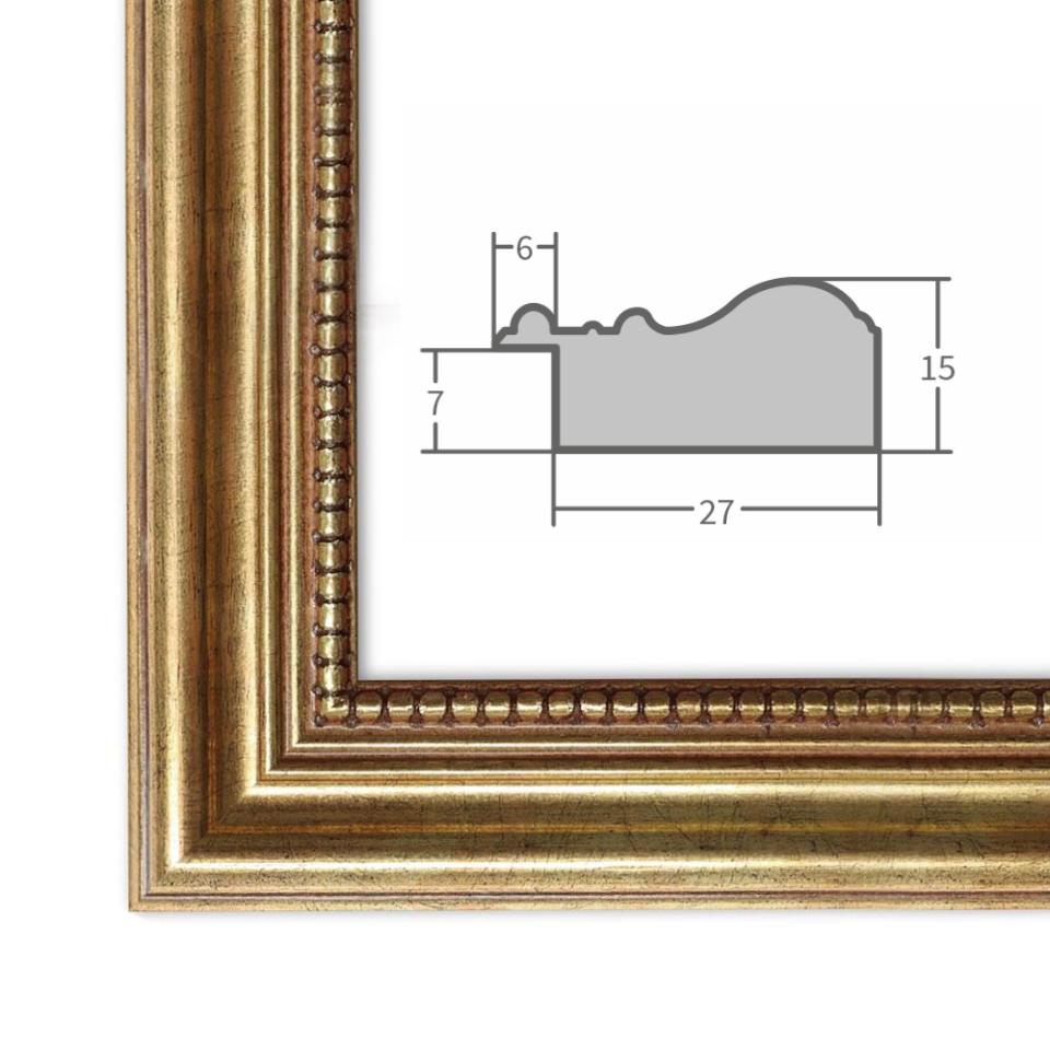 Barock Bilderrahmen Gold mit Profilansicht und technischen Maßangaben – hochwertiger Rahmen für Poster, Fotos und Kunstdrucke.