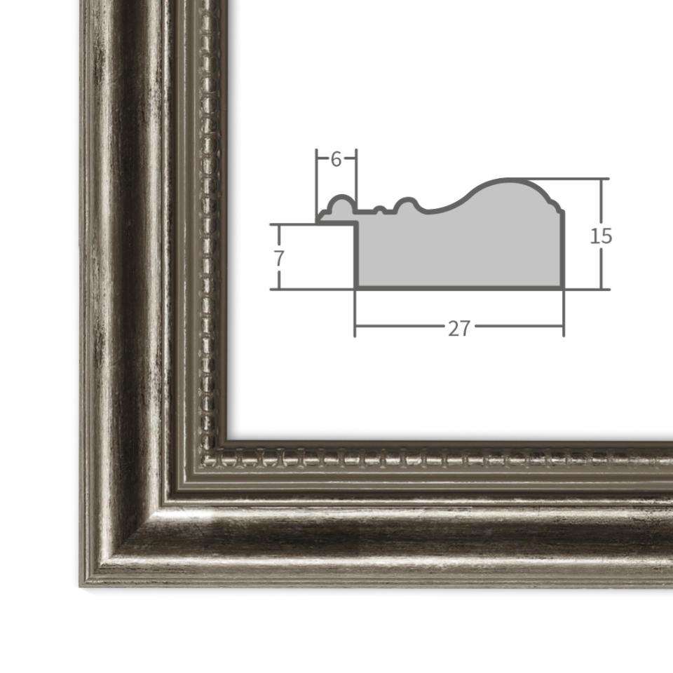 Barock Bilderrahmen Silber mit Profilansicht und technischen Maßangaben – hochwertiger Rahmen für Poster, Fotos und Kunstdrucke.