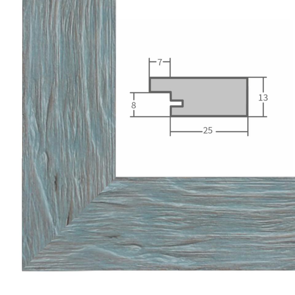 Holz Bilderrahmen Blau mit Profilansicht und technischen Maßangaben – hochwertiger Rahmen für Poster, Fotos und Kunstdrucke.