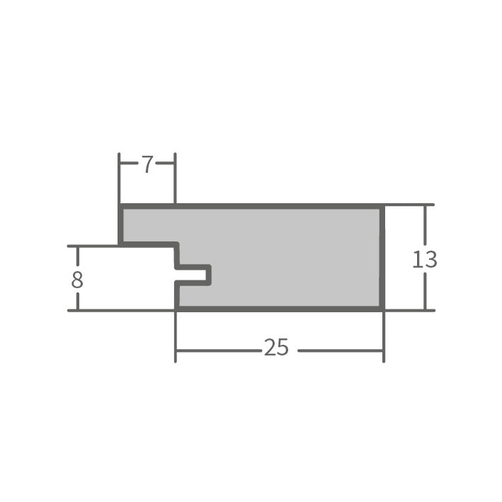Technische Profilzeichnung eines Bilderrahmens mit Maßangaben – Profilschnitt mit 13 mm Höhe und 32 mm Breite für Holzrahmen.