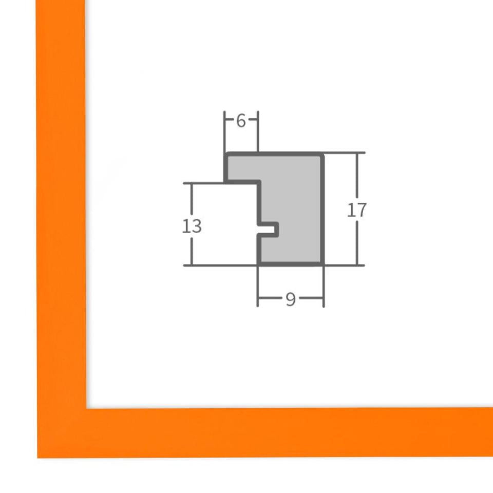 Holz Bilderrahmen Orange mit Profilansicht und technischen Maßangaben – hochwertiger Rahmen für Poster, Fotos und Kunstdrucke.