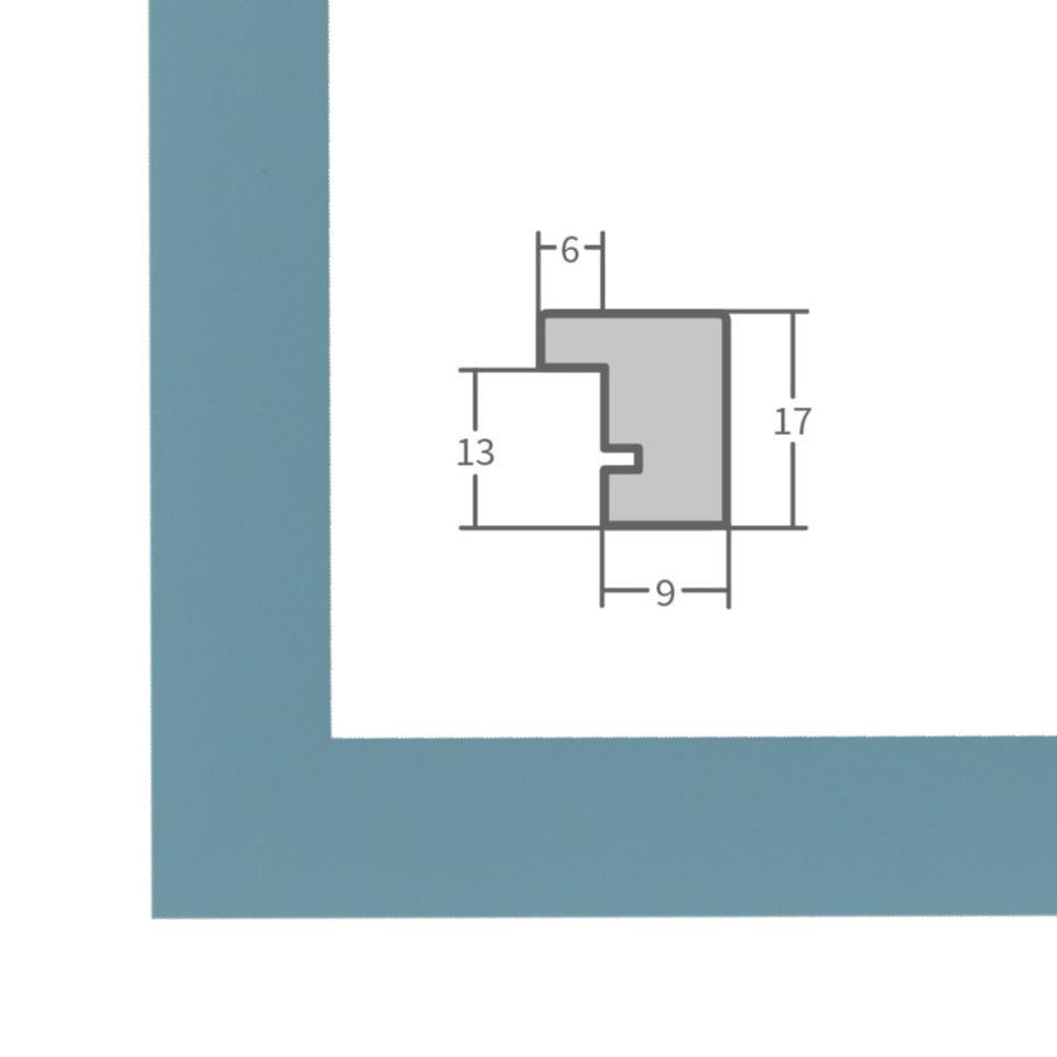 Holz Bilderrahmen Hellblau mit Profilansicht und technischen Maßangaben – hochwertiger Rahmen für Poster, Fotos und Kunstdrucke.