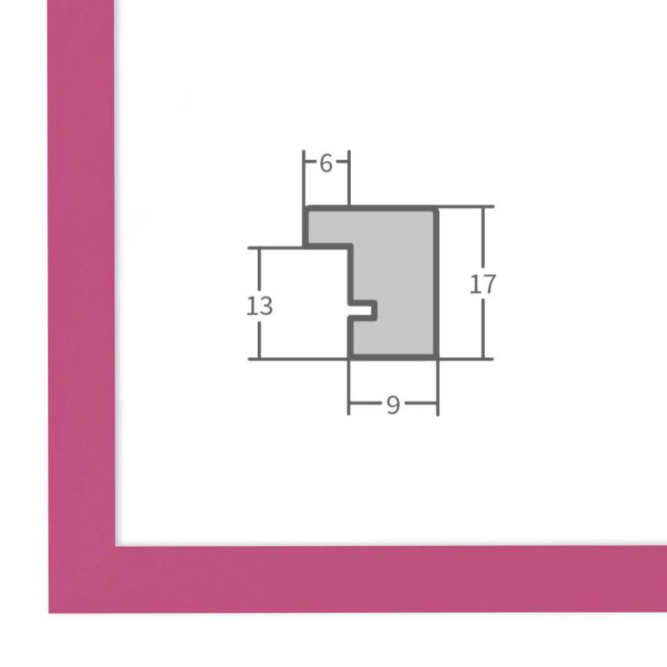 Holz Bilderrahmen Pink mit Profilansicht und technischen Maßangaben – hochwertiger Rahmen für Poster, Fotos und Kunstdrucke.