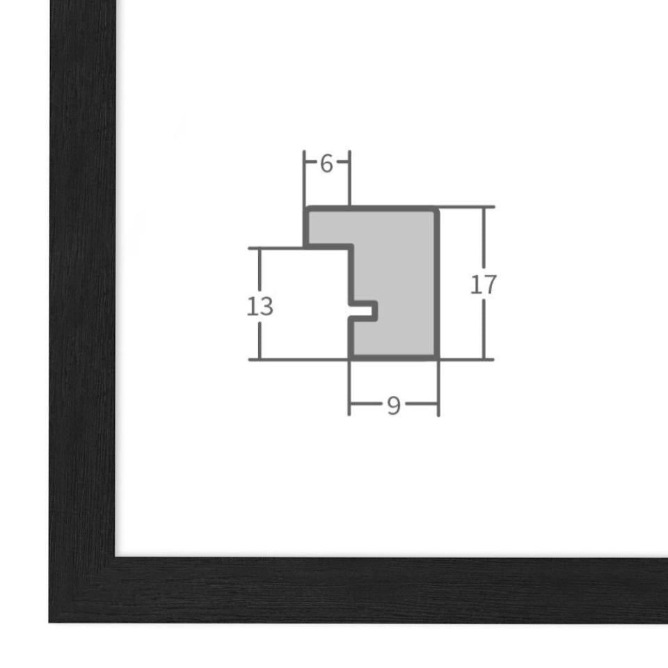 Holz Bilderrahmen Schwarz, gemasert mit Profilansicht und technischen Maßangaben – hochwertiger Rahmen für Poster, Fotos und Kunstdrucke.