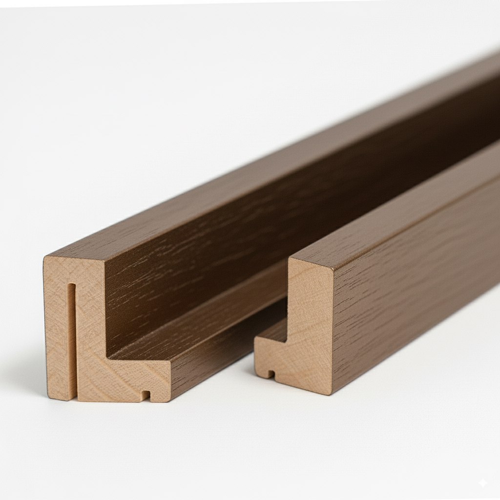 Schattenfugenrahmen aus Massivholz Abachi im Gehrungsschnitt, hochwertige Holzleisten mit durchgehender Nut, ideal für Keilrahmen und Leinwände – Produktfoto vor weißem Studiohintergrund.