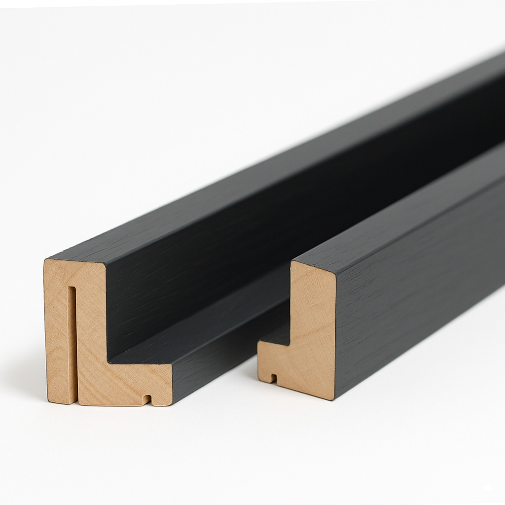 Schattenfugenrahmen aus Massivholz Abachi im Gehrungsschnitt, hochwertige Holzleisten mit durchgehender Nut, ideal für Keilrahmen und Leinwände – Produktfoto vor weißem Studiohintergrund.
