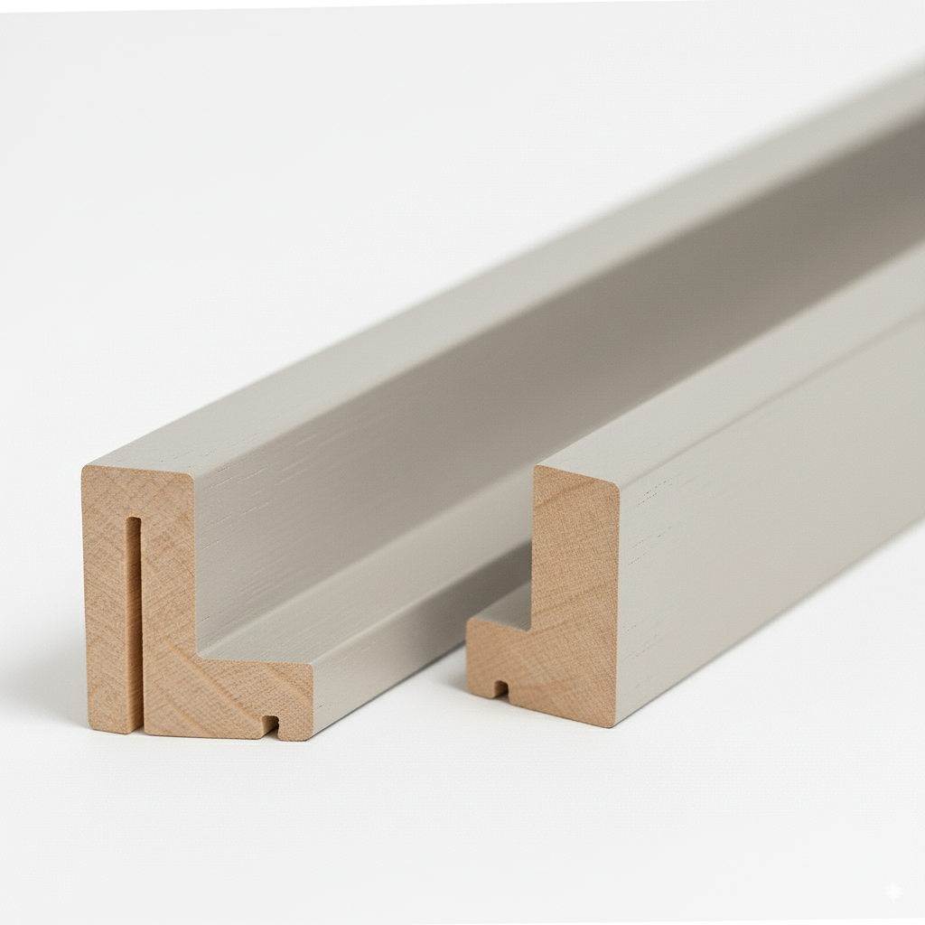 Schattenfugenrahmen aus Massivholz Abachi im Gehrungsschnitt, hochwertige Holzleisten mit durchgehender Nut, ideal für Keilrahmen und Leinwände – Produktfoto vor weißem Studiohintergrund.