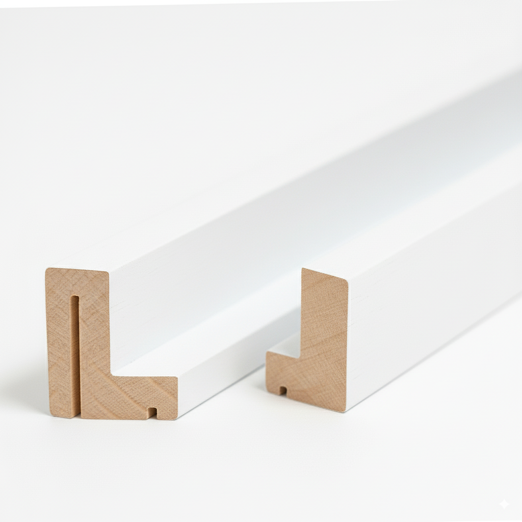 Schattenfugenrahmen aus Massivholz Abachi im Gehrungsschnitt, hochwertige Holzleisten mit durchgehender Nut, ideal für Keilrahmen und Leinwände – Produktfoto vor weißem Studiohintergrund.