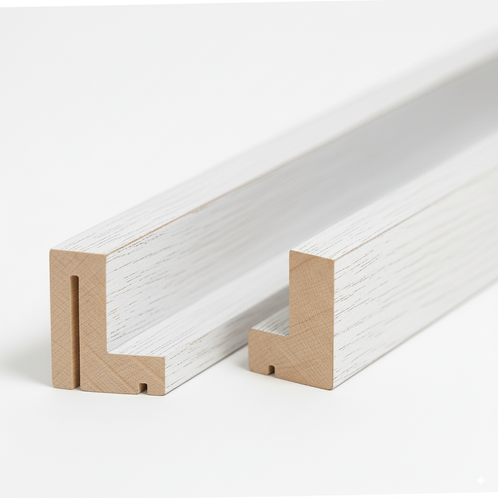 Schattenfugenrahmen aus Massivholz Abachi im Gehrungsschnitt, hochwertige Holzleisten mit durchgehender Nut, ideal für Keilrahmen und Leinwände – Produktfoto vor weißem Studiohintergrund.