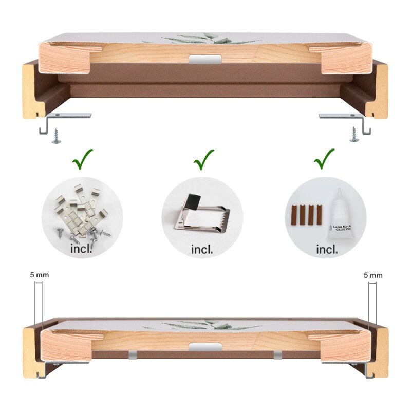 Lieferumfang Schattenfugenrahmen-Bausatz: Inklusive Z-Winkel zur Befestigung, Aufhänger, Holzleim und 5 mm Schattenfuge-Maß.