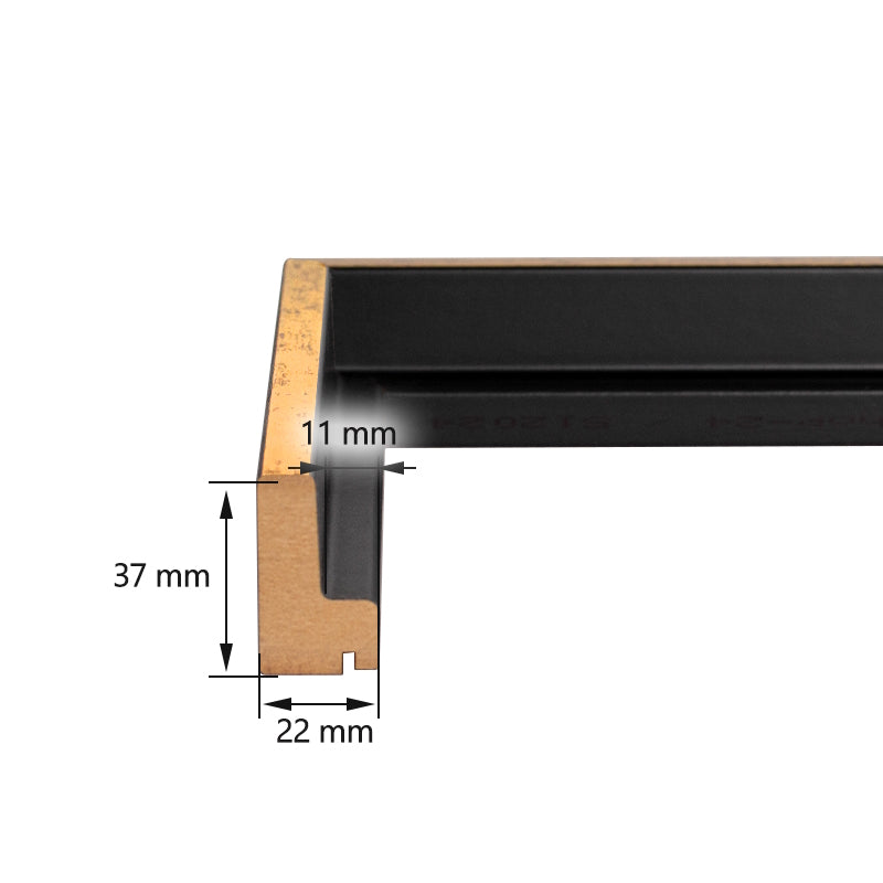 Technische Zeichnung eines Schattenfugenrahmen-Profils mit detaillierten Millimeter-Angaben zur Einbautiefe von Keilrahmen