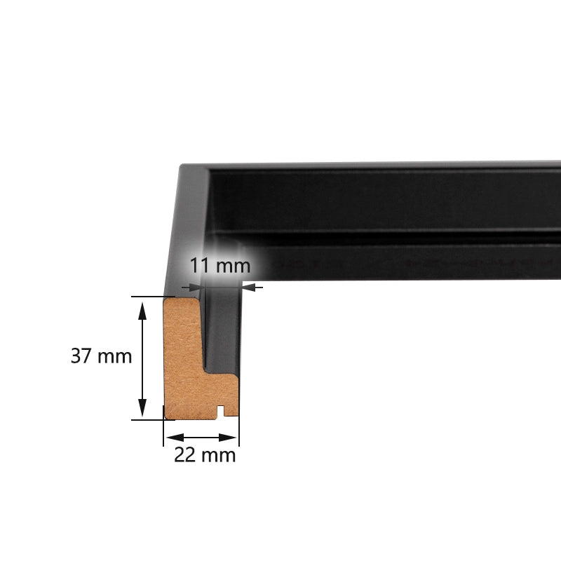 Technische Zeichnung eines Schattenfugenrahmen-Profils mit detaillierten Millimeter-Angaben zur Einbautiefe von Keilrahmen